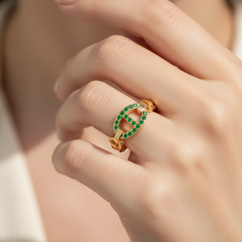Emerald Oval Ring (Lab-Grown) | Yellow Gold Chain Link Vertical Bar Design | Jebij - Eight