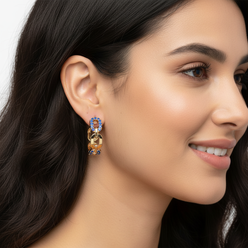 Blue Gemstone Chain Link Hoop Earrings - Five