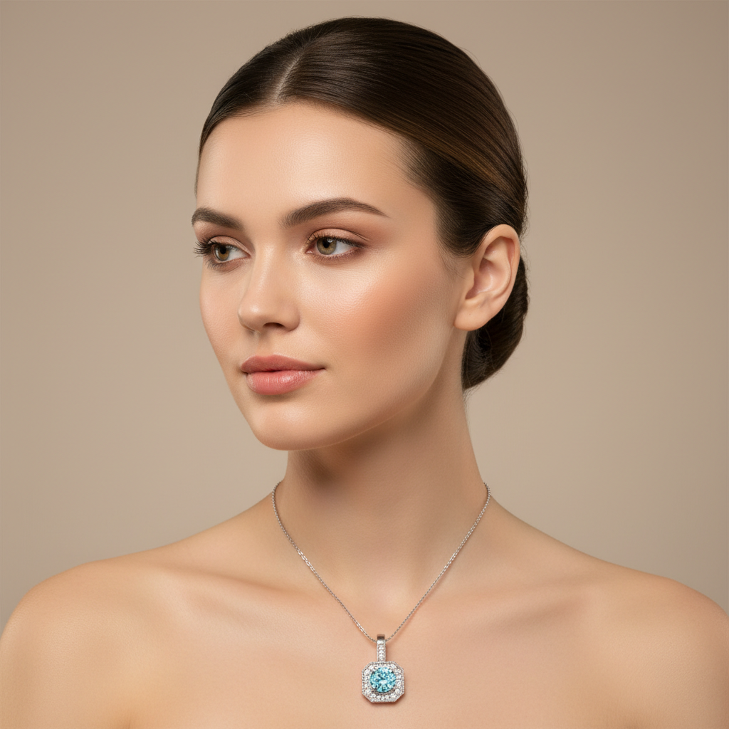 Aquamarine Diamond Halo Pendant Necklace in White Gold