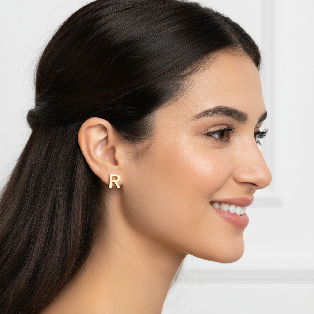 Gold Letter R Initial Stud Earrings