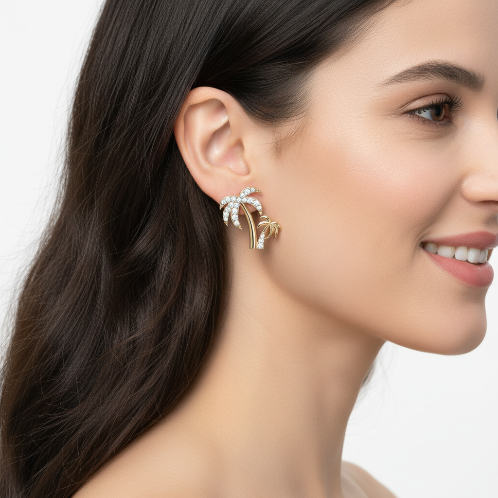 Palm Tree Crystal Stud Earrings With Screw Back Closure - Five