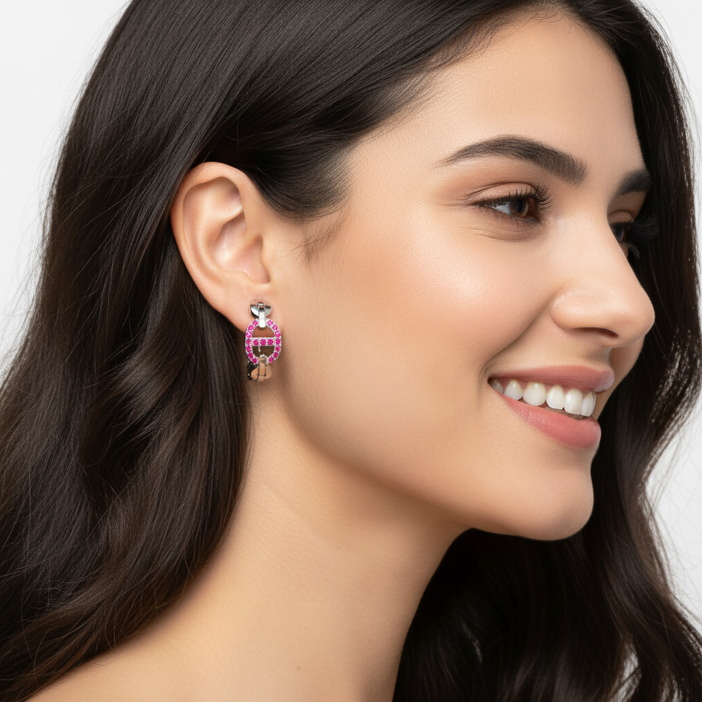 Pink Lab-Grown Gemstone Hoop Earrings In Gold Finish – Modern Oval Link Huggie Design - Five