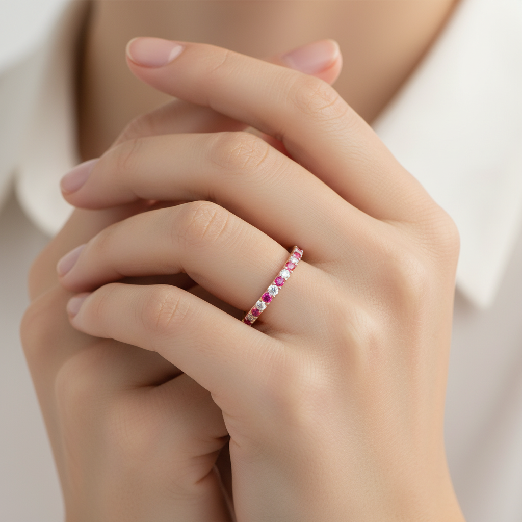 Ruby And Diamond Alternating Half Eternity Band Ring - Eight