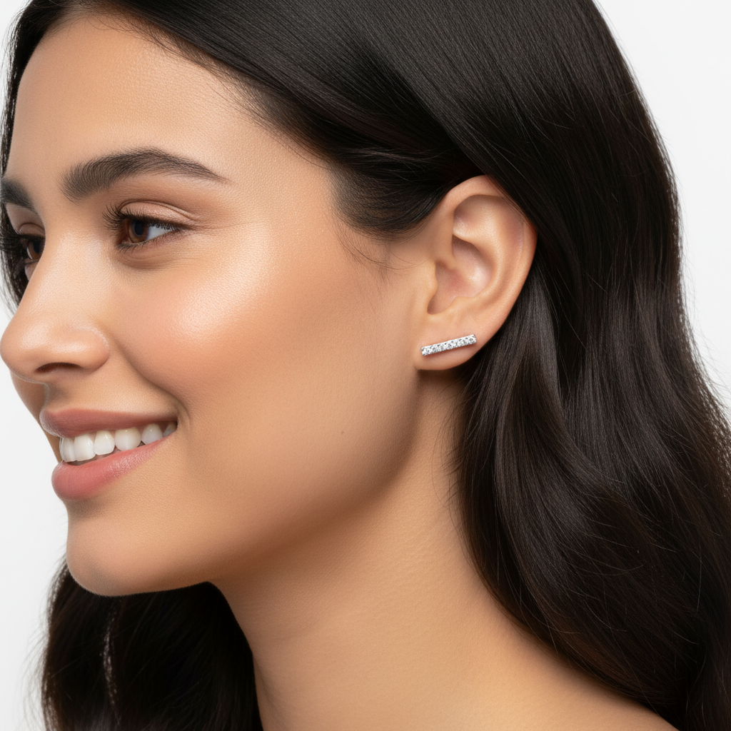 Diamond Bar Stud Earrings in White Gold with Screw Backs