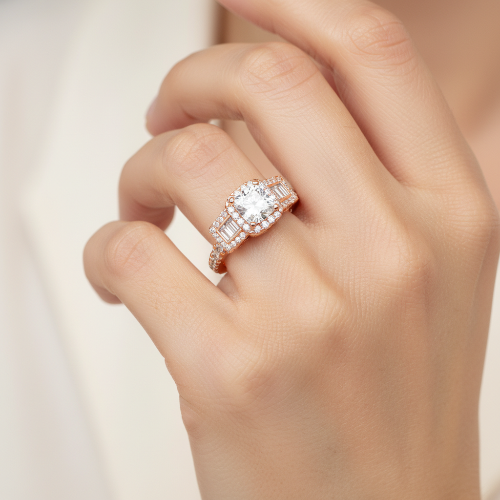 Rose Gold Diamond Engagement Ring with Hidden Halo and Pav Band