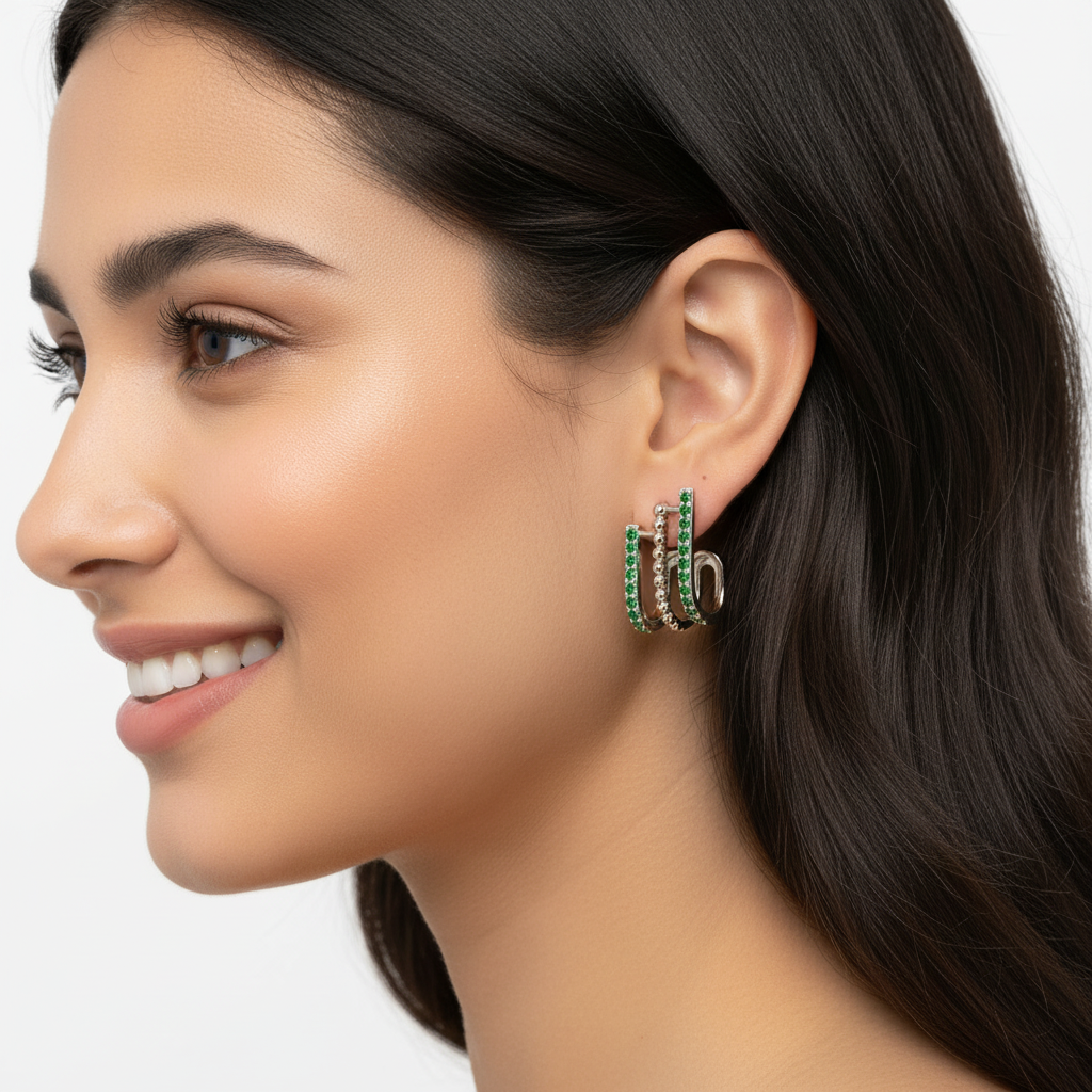 Geometric Green Crystal MultiHoop Stud Earrings