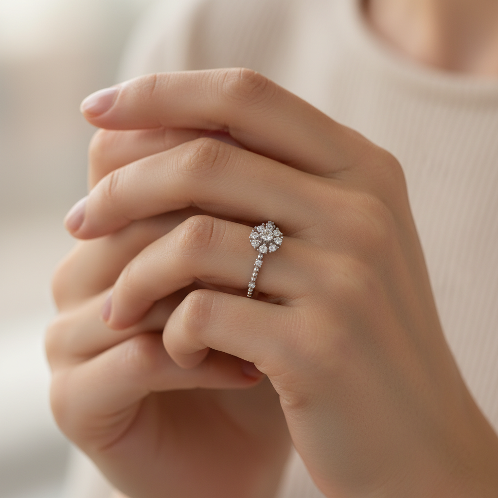 Diamond Cluster Ring with Beaded Band in White Gold
