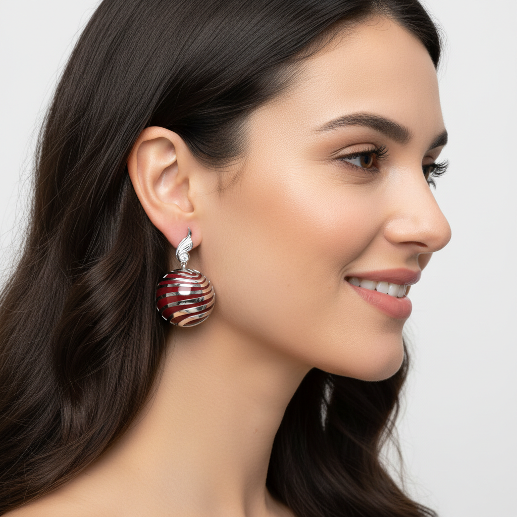 Red and White Striped Enamel Ball Drop Earrings with Crystal Accents