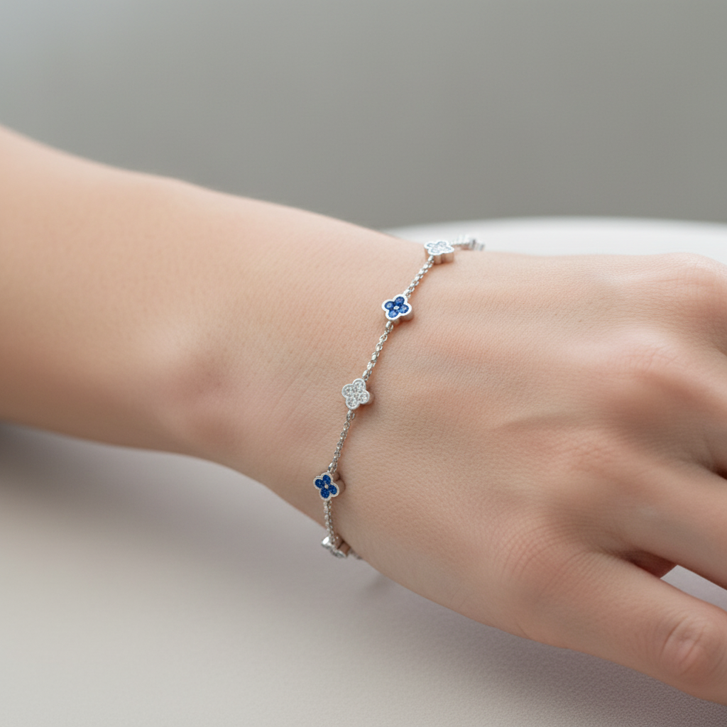 Delicate Flower Charm Anklet with Blue and Clear Gemstone