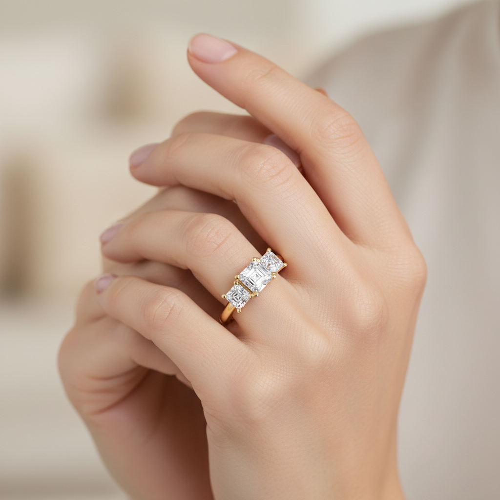 Yellow Gold Three Stone Emerald cut Diamond Engagement Ring with Pave Band