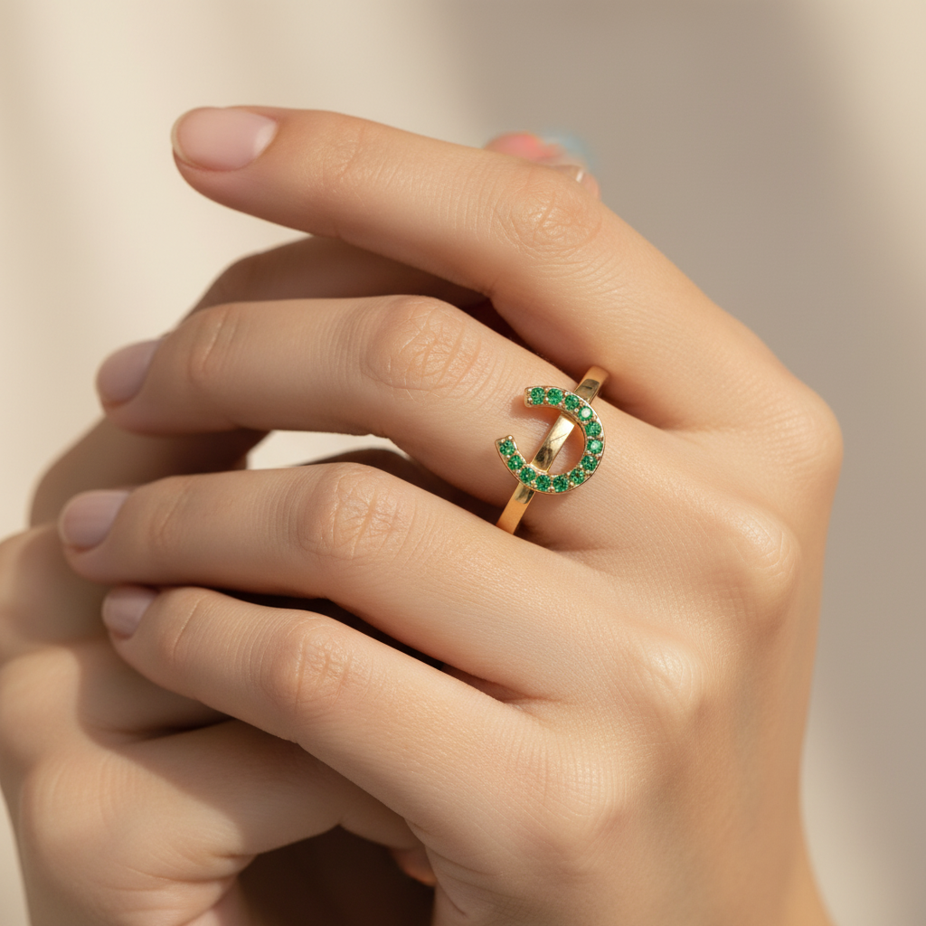 Emerald Horseshoe Ring With Pav Stones - Eight