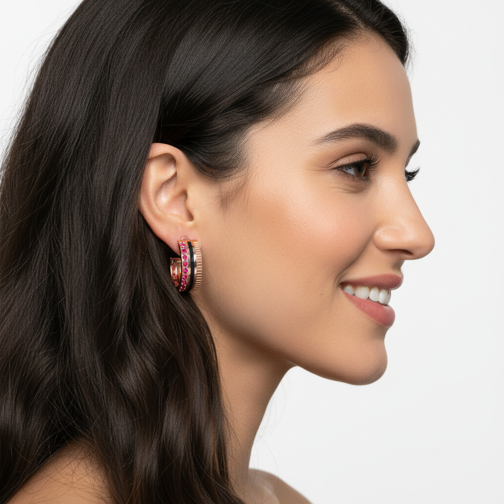 Pink Sapphire Textured Hoop Earrings With Ribbed Design - Eight