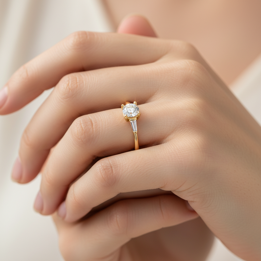 Yellow Gold Three Stone Princess Cut Diamond Engagement Ring with Baguette Accents