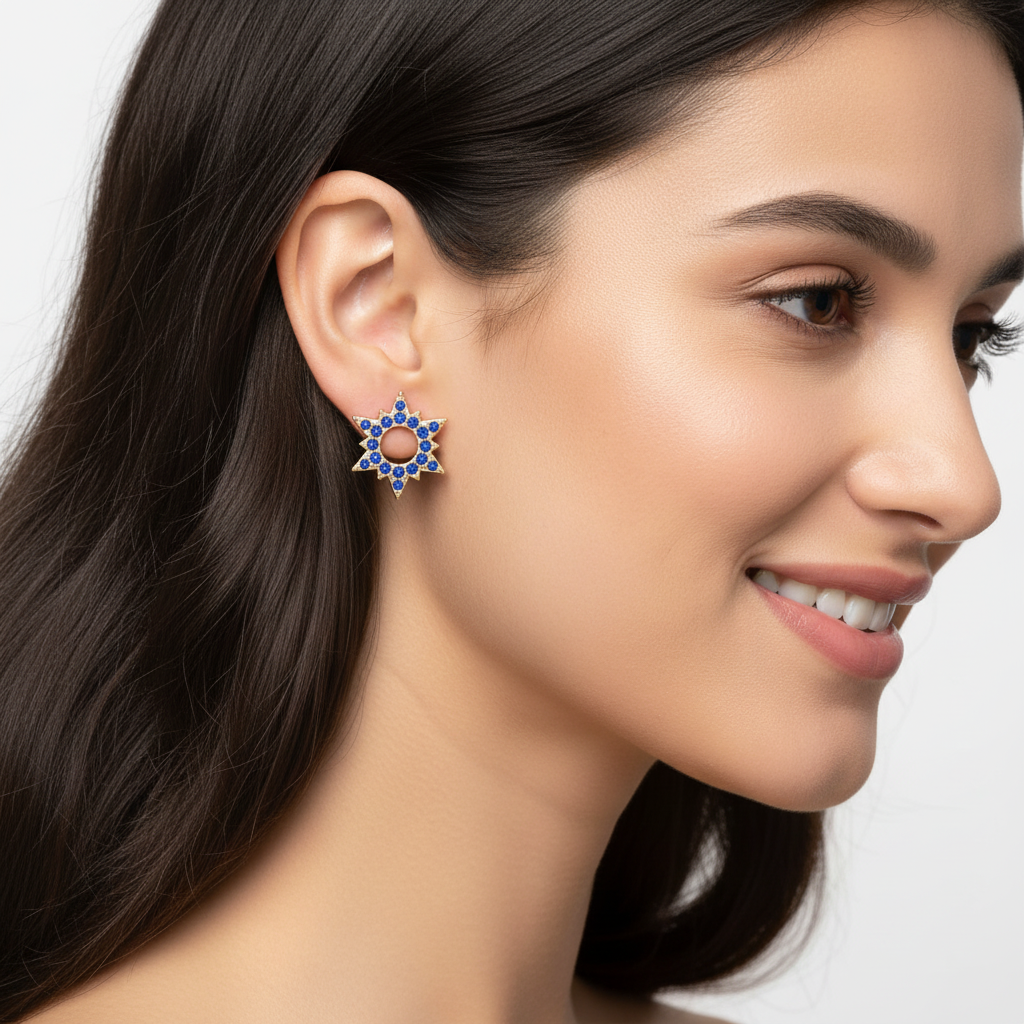 Blue Sapphire Star Of David Stud Earrings With Diamond Accents - Five