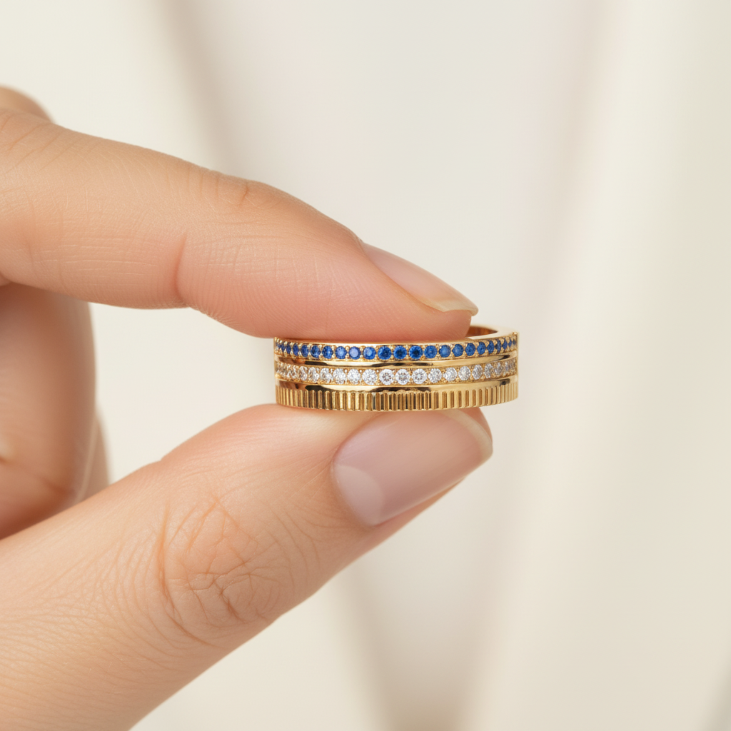 Gold Blue Sapphire Diamond Multi-Row Band Ring – Textured Statement Luxury Ring | Jebij - Eight