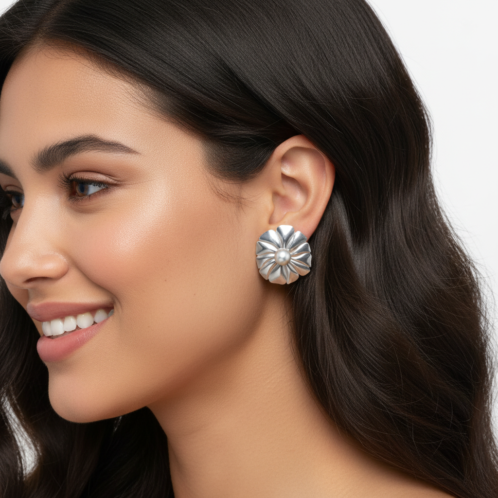 Gold Flower Stud Earrings with Pearl Center 13mm Round Design