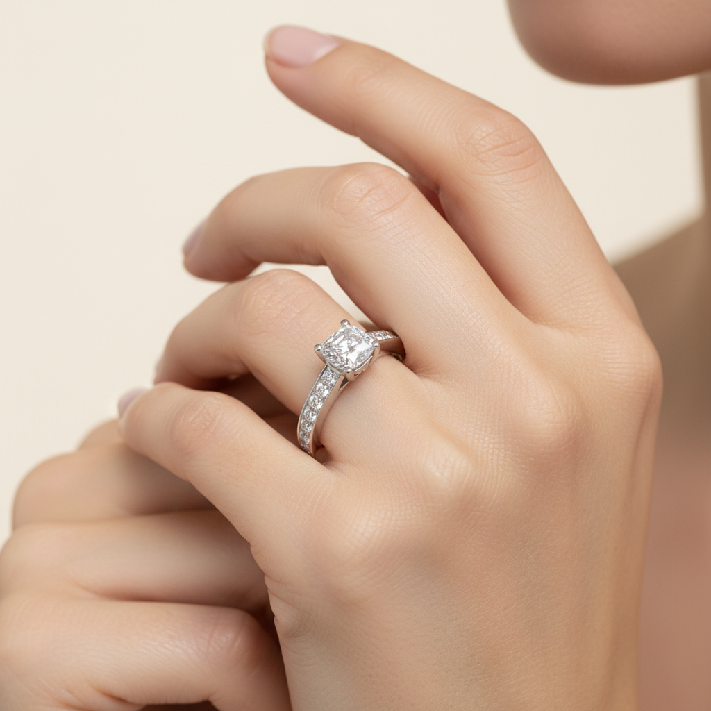 White Gold Cushion Cut Diamond Solitaire Engagement Ring With Princess Side Stone - Fourteen