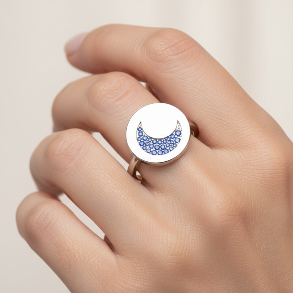 Blue Sapphire Crescent Moon Disc Ring - Eight