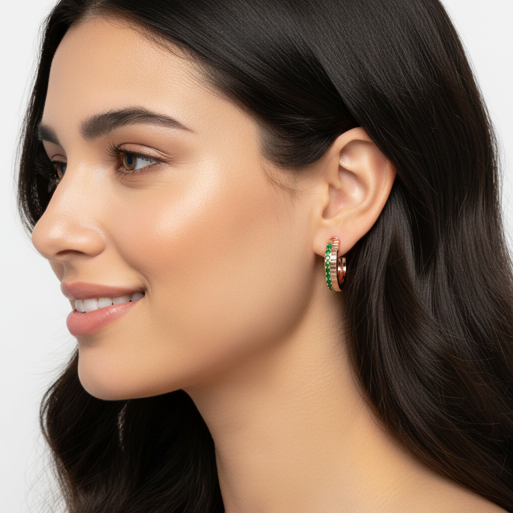 Green Emerald Hoop Earrings In Rose Gold – Classic Minimal Color Statement Hoops | Jebij - Eight