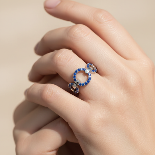 Blue Sapphire Multi-Link Circular Ring In White Gold | Double Pave Interlocking Chain Statement Luxury Ring For Women | Jebij - Two