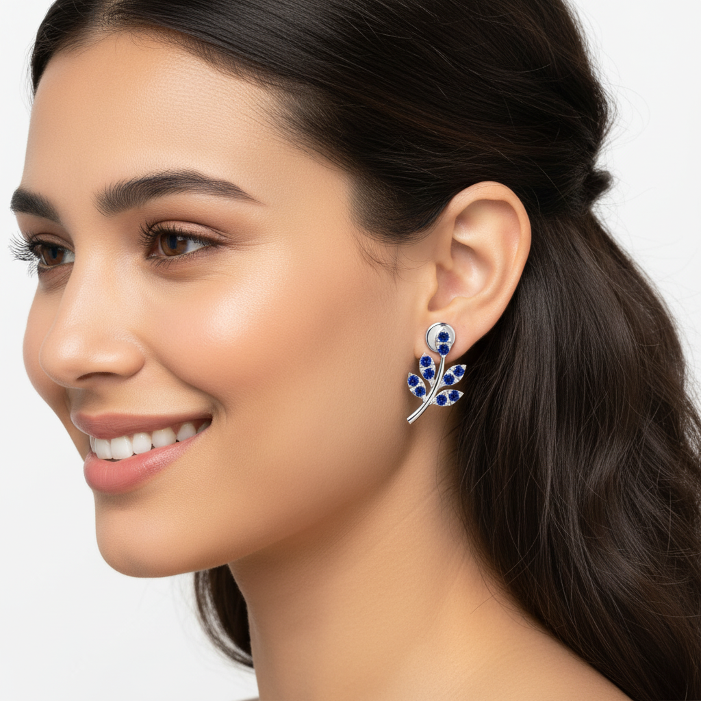 Blue Crystal Leaf Branch Stud Earrings - Five