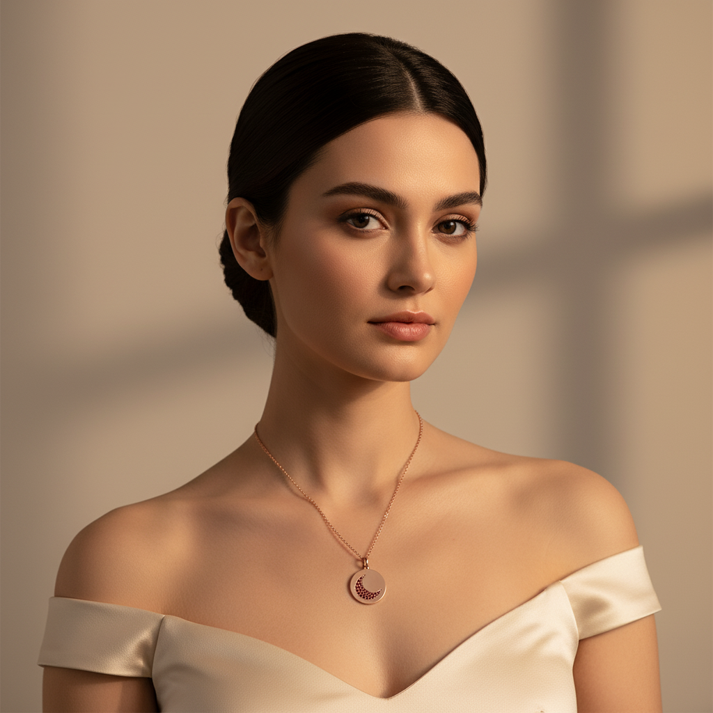 Ruby Crescent Moon Disc Pendant Necklace - Five