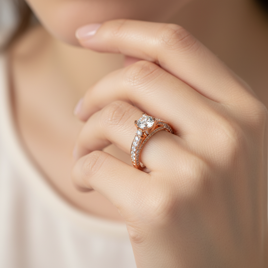 Rose Gold Diamond Engagement Ring with Pav Split Shank Setting