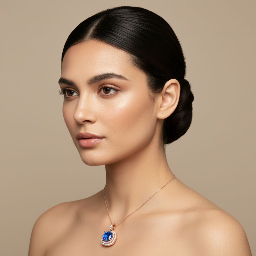 Blue Sapphire Cushion Cut Double Halo Diamond Pendant Necklace in White Gold