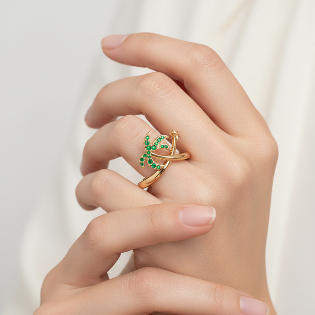 Green Stone Star & Crescent Moon Ring In Yellow Gold - Nine