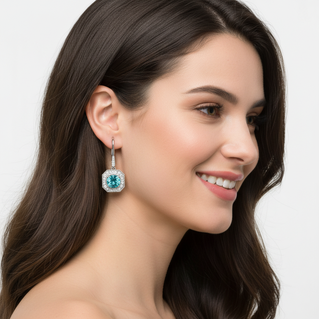 Blue Zircon and Diamond Halo Leverback Drop Earrings in White Gold