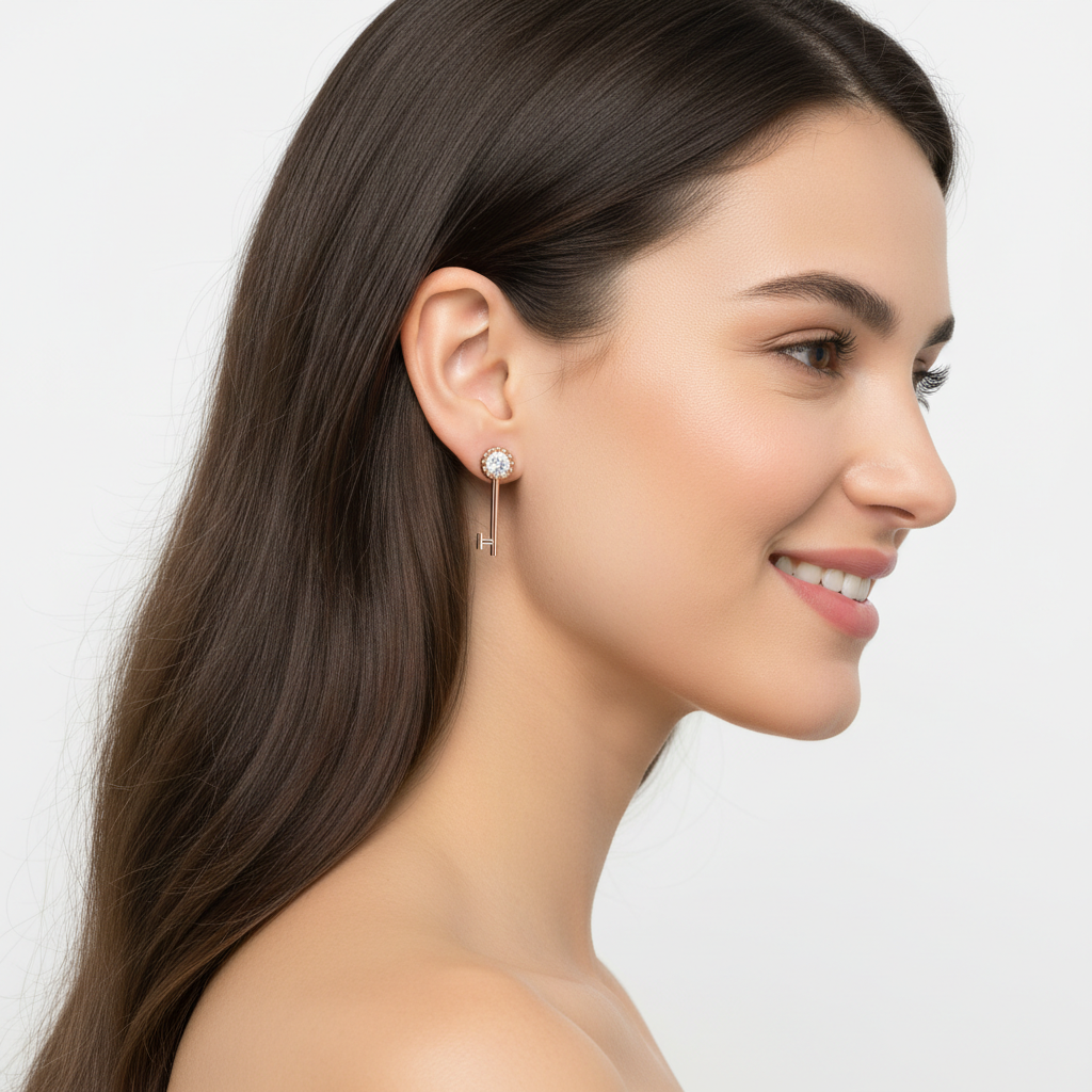 Rose Gold Key Earrings with Crystal Studs