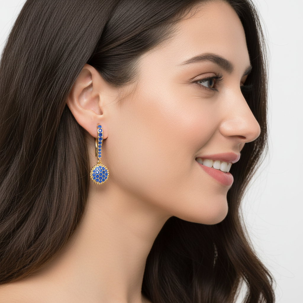 Blue Sapphire Pav Disc Drop Earrings with Beaded Halo