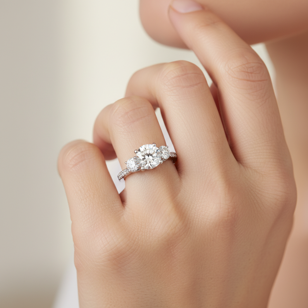 White Gold Three Stone Diamond Engagement Ring with Pave Band