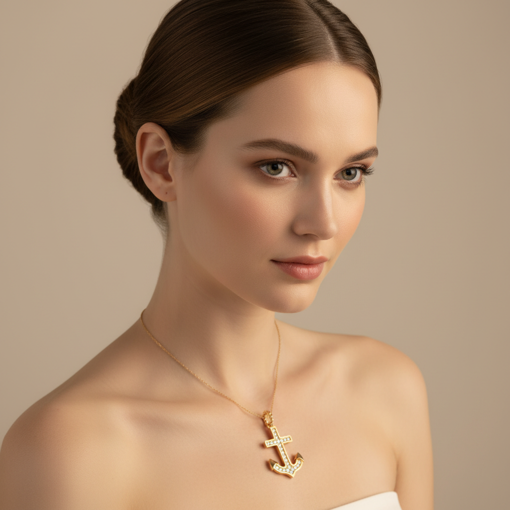 Diamond Anchor Pendant Necklace in White Gold