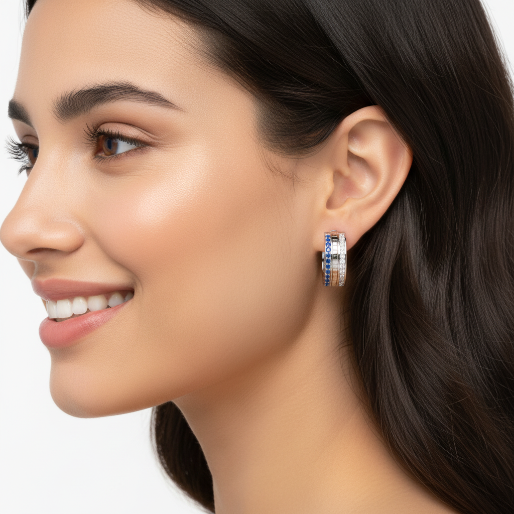 Blue Sapphire & Diamond Dual Row Hoop Earrings In White Gold – Luxury Statement Hoops | Jebij - Eight
