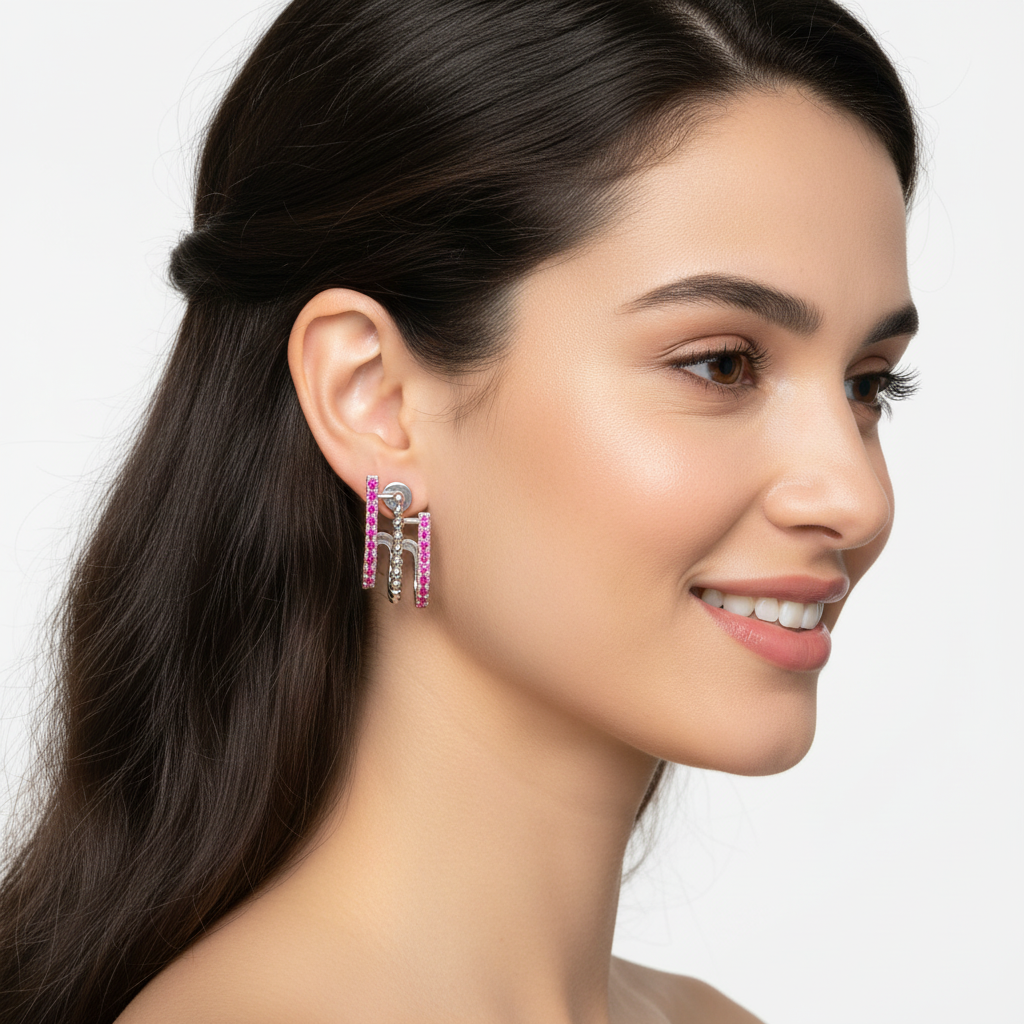 Pink Gemstone Geometric Hoop Stud Earrings with Beaded Detail