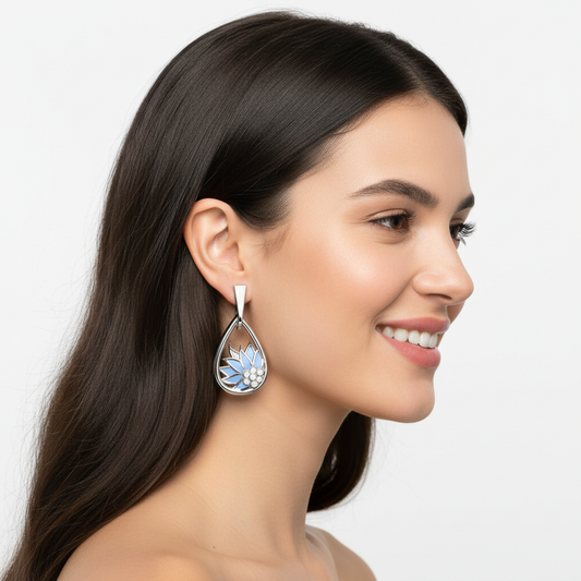 Rose Gold Blue Enamel Lotus Flower Teardrop Earrings