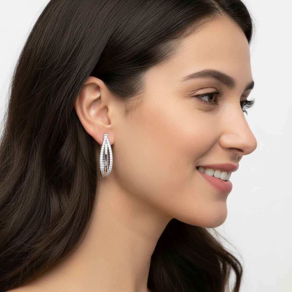 Double Row Diamond Hoop Earrings in White Gold