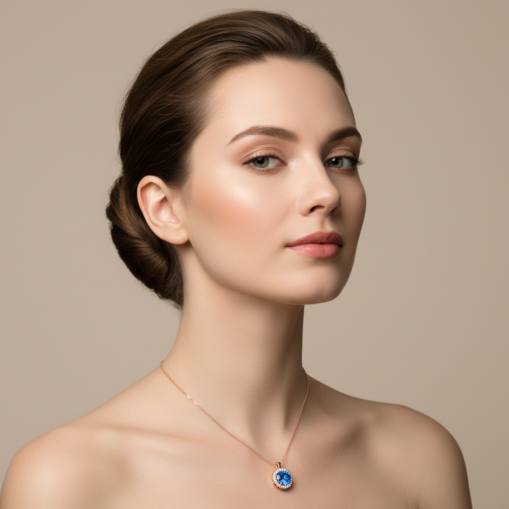 Blue Sapphire Diamond Halo Pendant Necklace in White Gold