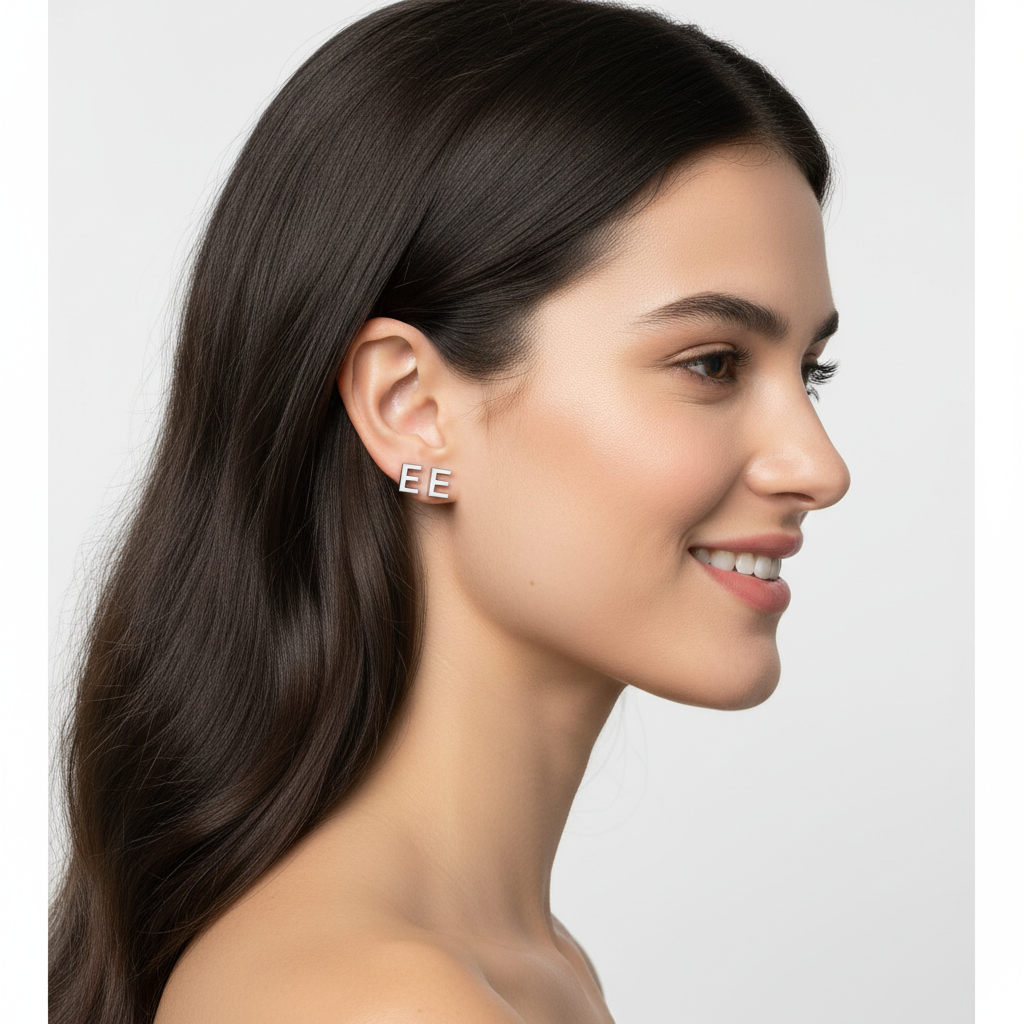 White Gold Letter E Initial Stud Earrings