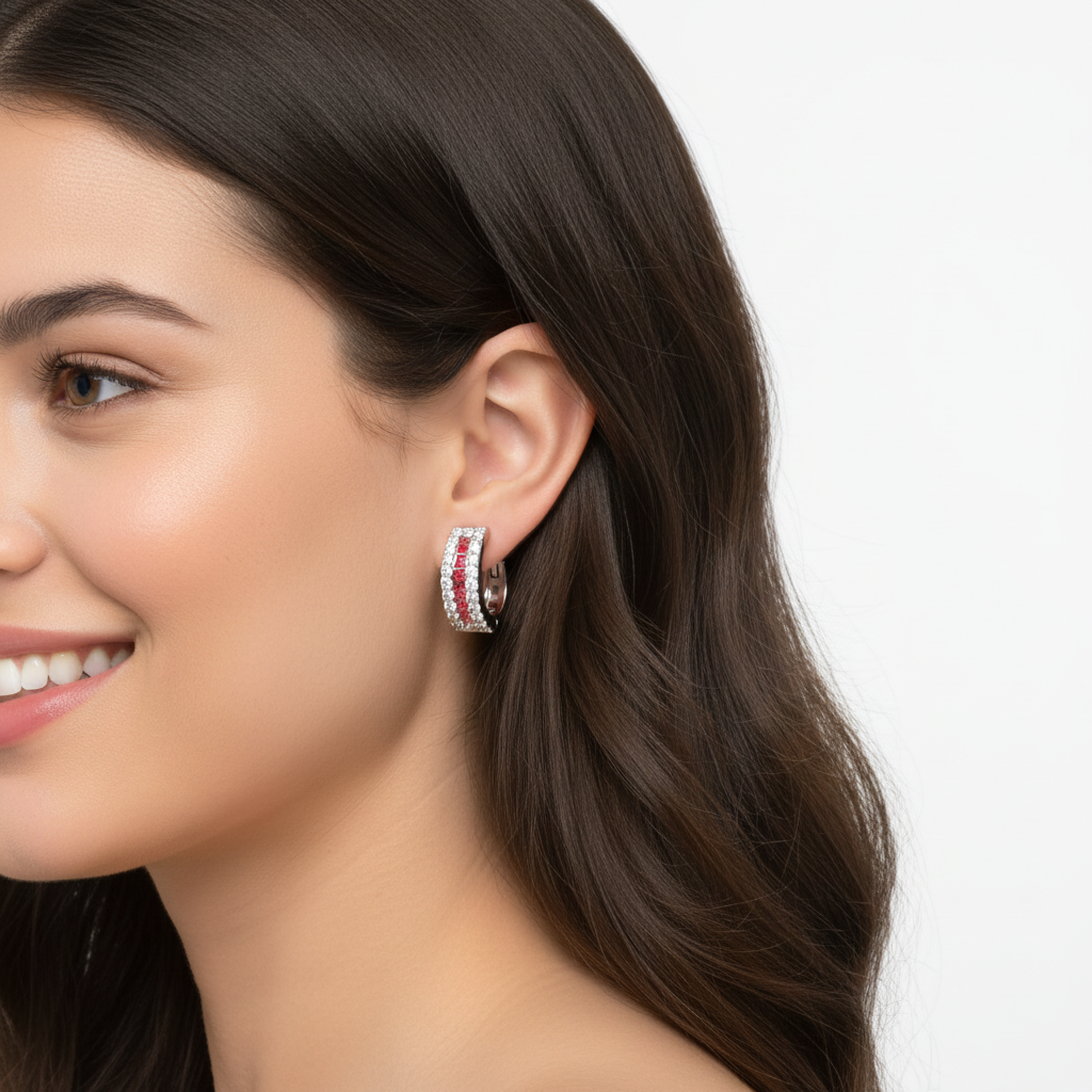 White Gold Coloured Gemstone And Diamond Channel Set Hoop Earrings - Eight