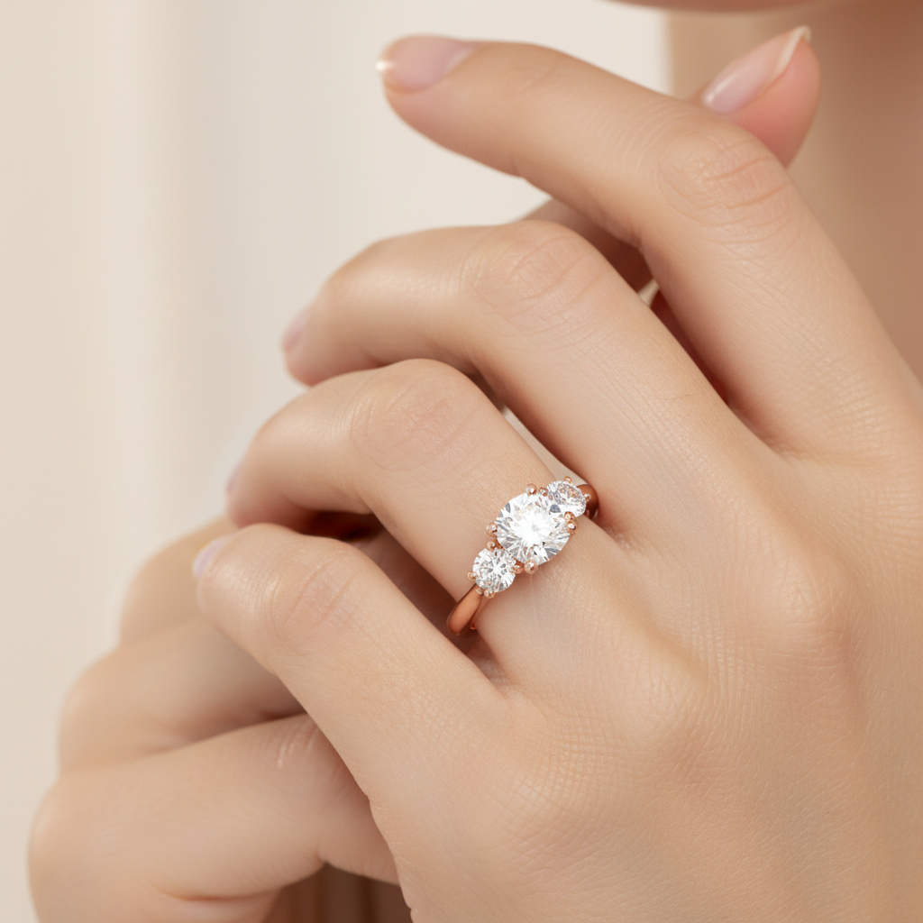 Rose Gold Three Stone Diamond Engagement Ring with Pear Side Stones