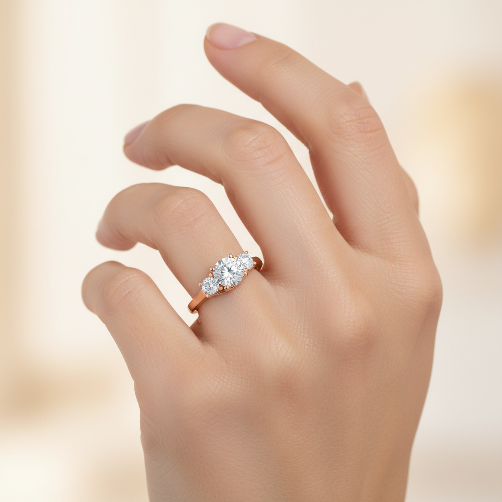 Rose Gold Three Stone Diamond Engagement Ring with Round Center Stone