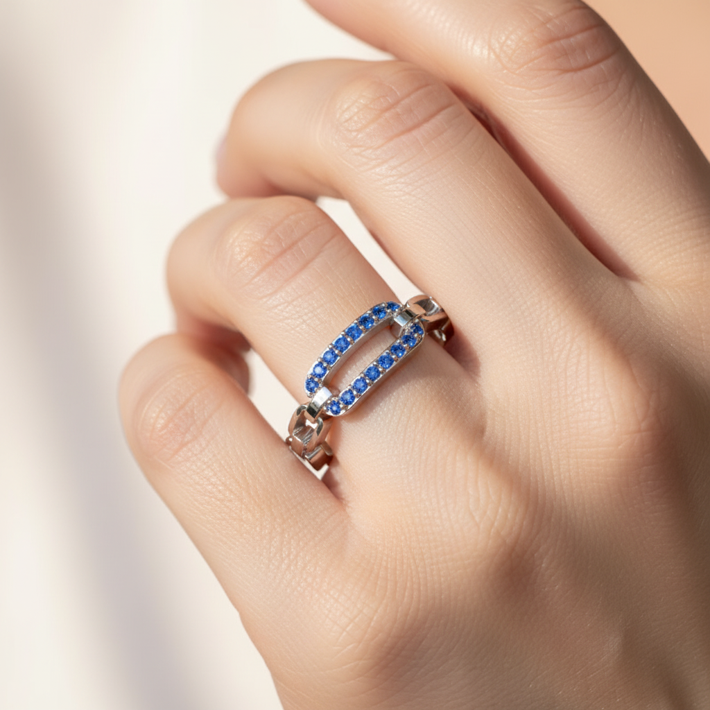 Lab-Grown Blue Sapphire Interlocking Link Ring In White Gold | Modern Chain Style Statement Ring For Women | Jebij - Eight