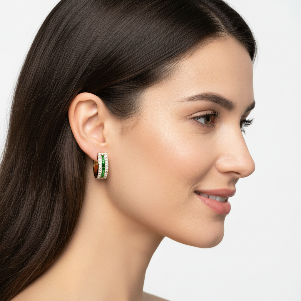 Gemstone And Diamond Three Row Huggie Hoop Earrings In Yellow Gold - Nine