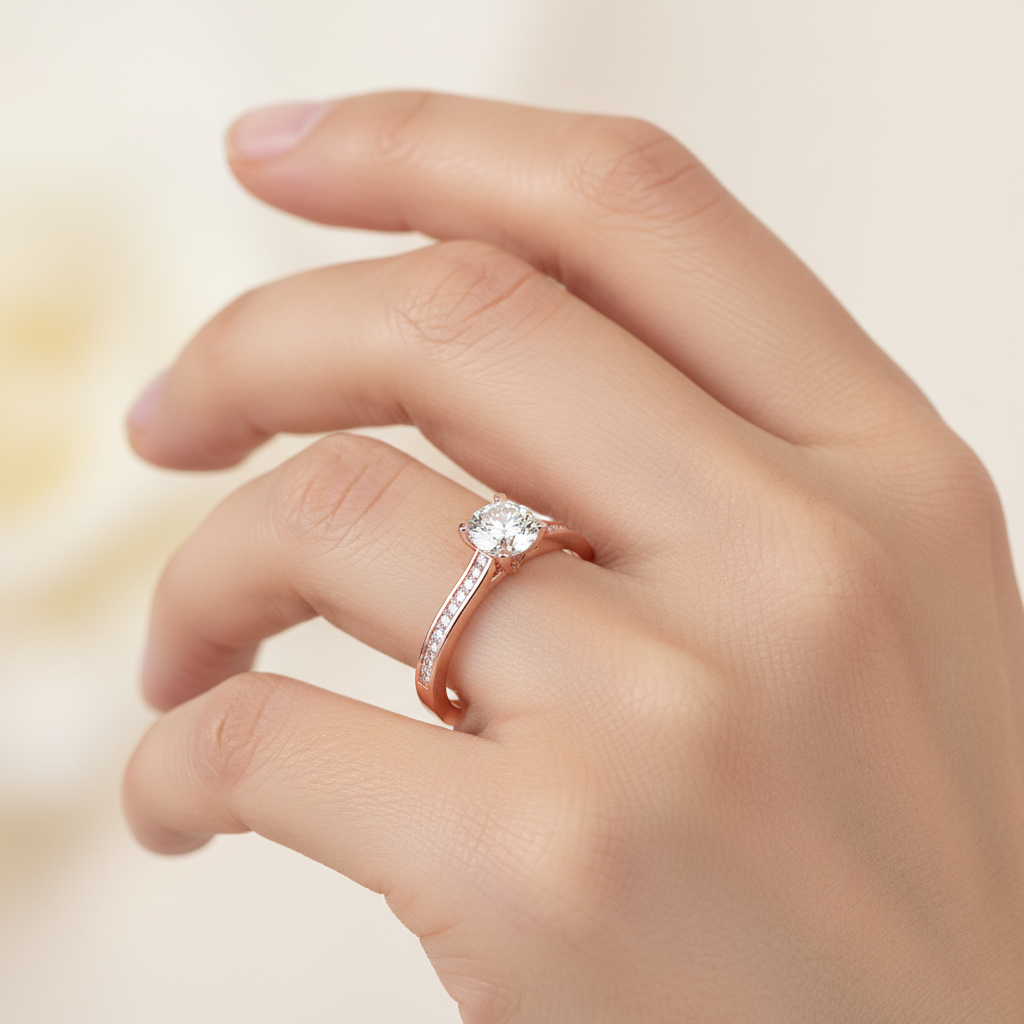 Rose Gold Solitaire Diamond Engagement Ring with Accent Stones