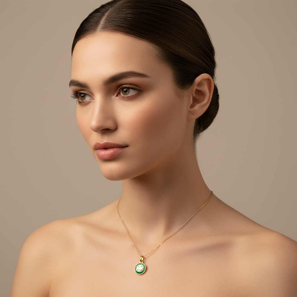 White Gold Green Enamel Chinese Longevity Symbol Pendant Necklace