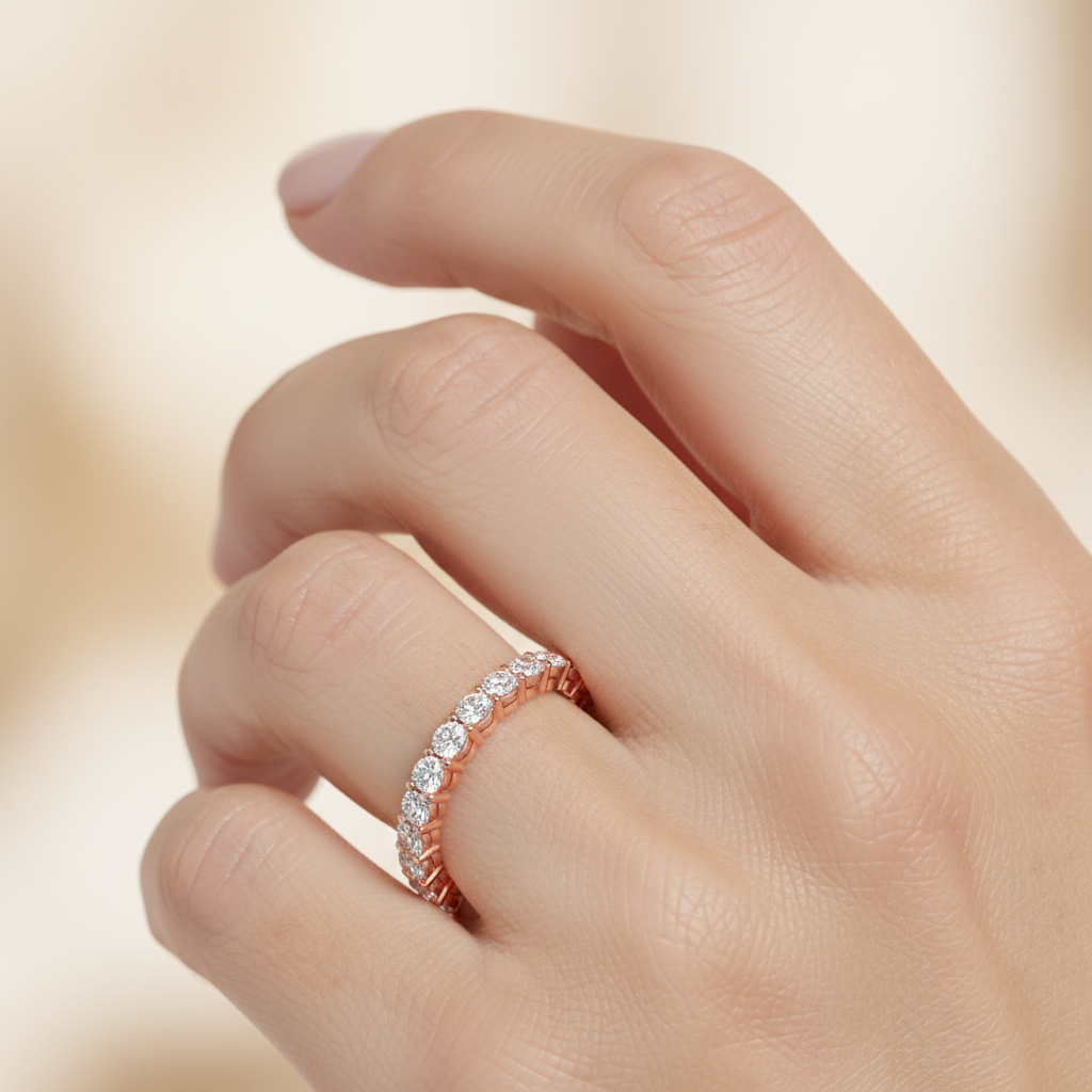 Rose Gold Diamond Eternity Band Ring With Greek Key Design - Fourteen