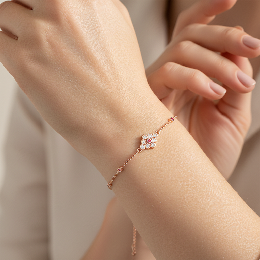 Delicate Floral Crystal Cluster Chain Bracelet with Pink Gemstone Accents