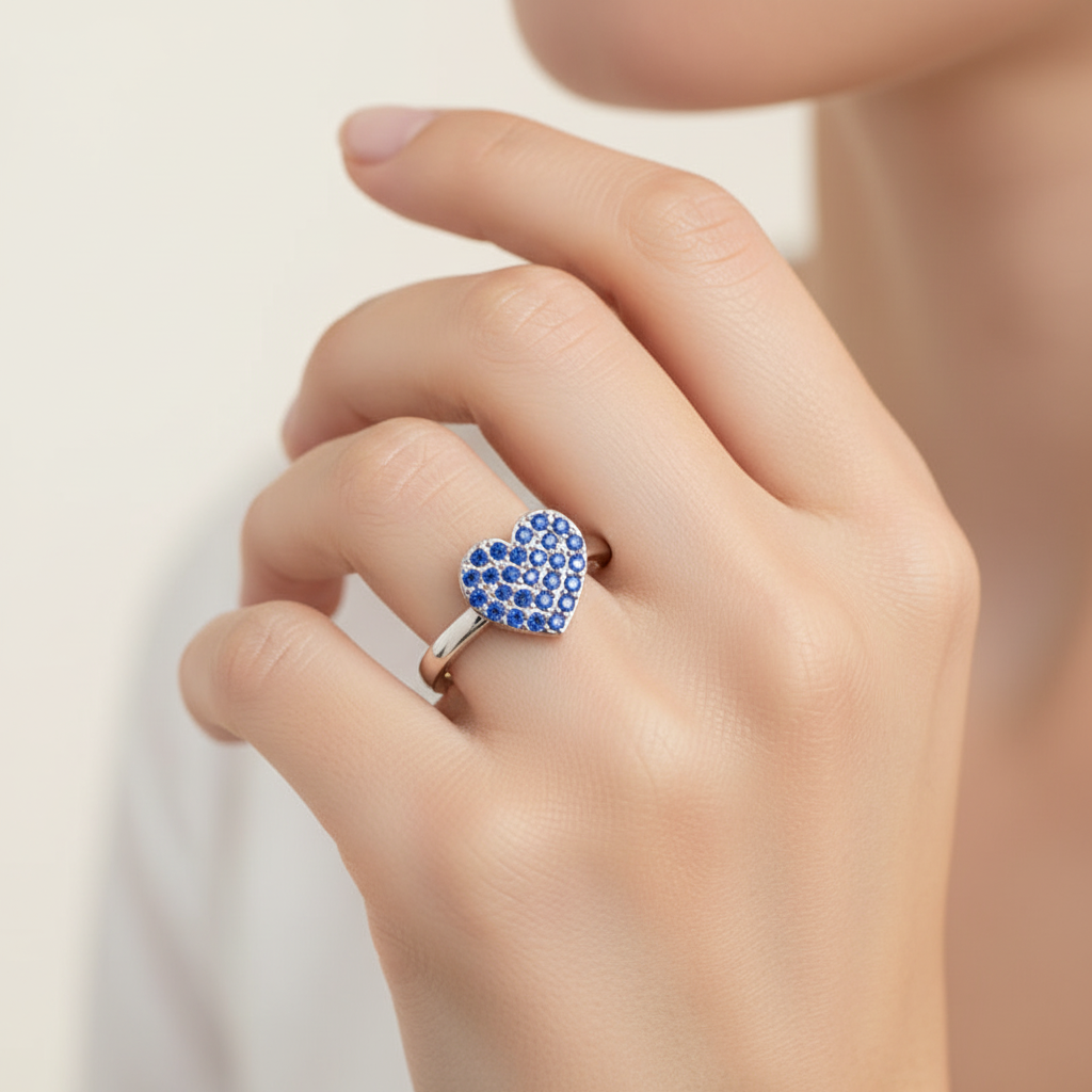 Blue Sapphire Pav Heart Ring - Eight